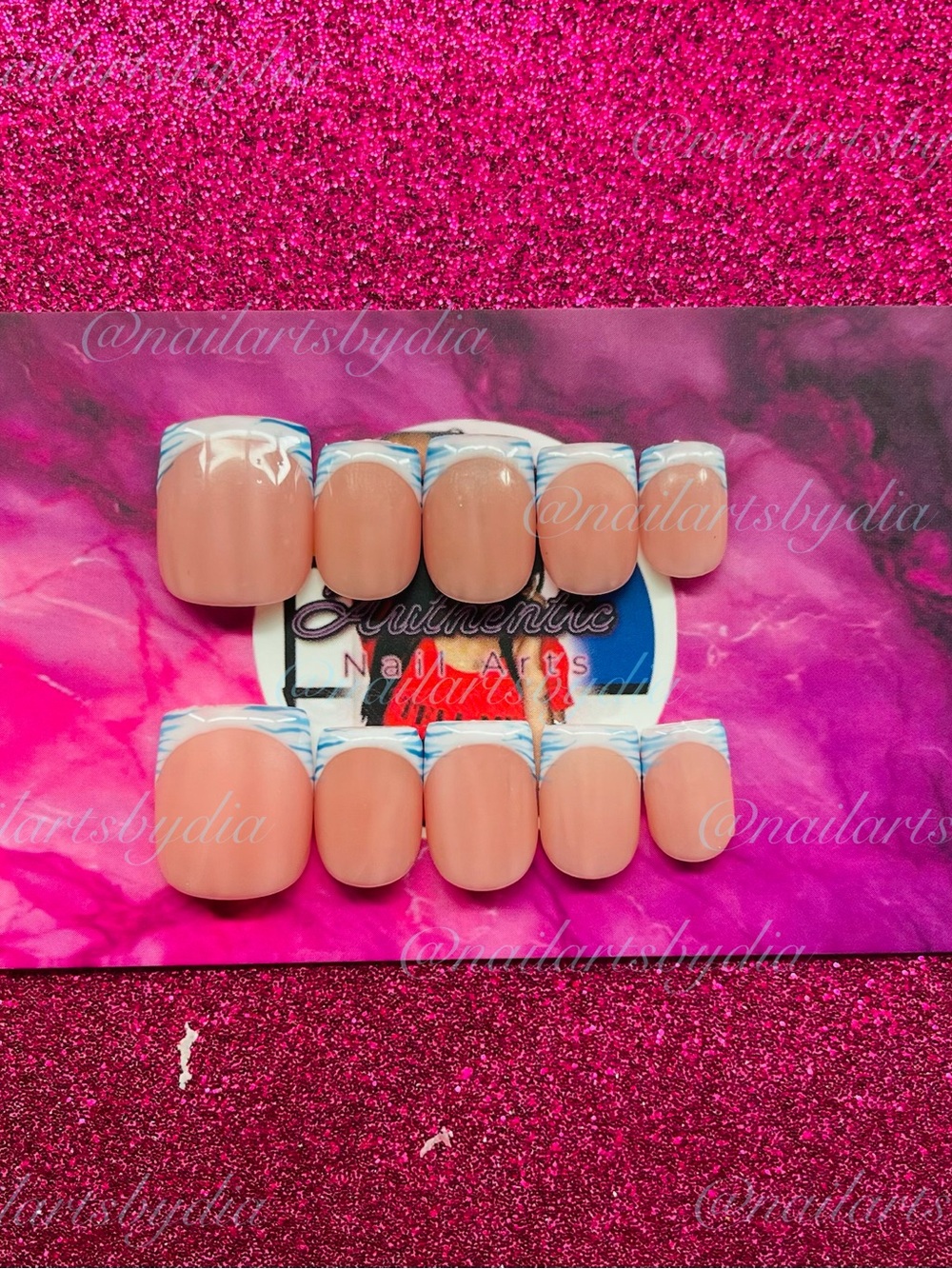 Press-On Nails with Blue zebra print French Tips